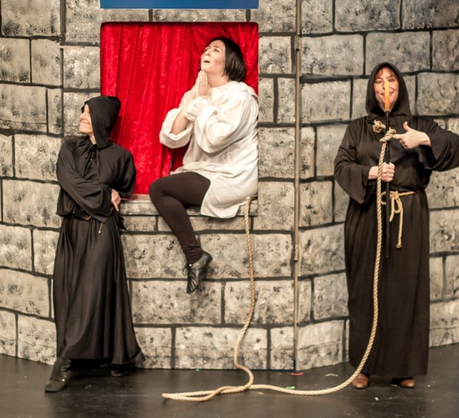 Shenanigans at the tower featuring Sam David (left) Holly Trout (center) as Prince Alice- wait- Arthur- and Mikki Barry (right) 