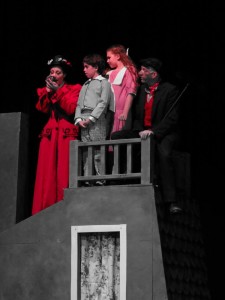 (L to R) Katie Sheldon as Mary Poppins, Julianna Groves as Michael, Compton Little as Jane, and Eric Stein as Bert in Mary Poppins