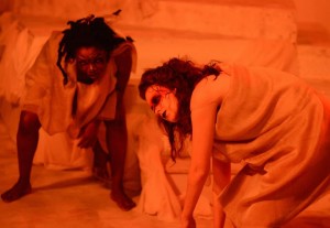 The Furies (Trustina Fafa Sabah- left, and Sarah Weissman- right) tell the tale of the cursed House of Atreus.