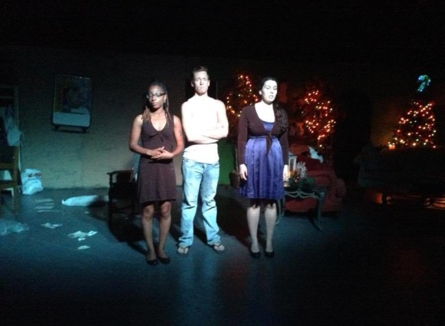 Kelly Richards (left), Dwayne Allen (center) and Melanie Pino-Elliott in Forsaken Angels at Wolfpack Theatre Company