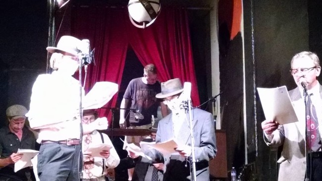 Jeffrey Gangwisch (left) Craig Coletta (center) and Anthony C. Hayes (right) performing "Mother of Chrome: a Bennington Marcus Mystery" written by John Higgins