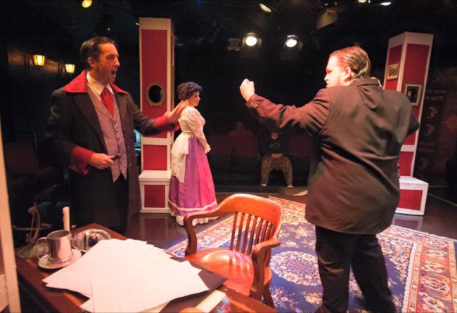 Jim Knost (left) as Sir Ruthven, Autumn Boyle (center) as Alice, and Connor Moore (right) as Herbert in A Sensation Novel at Spotlighters Theatre