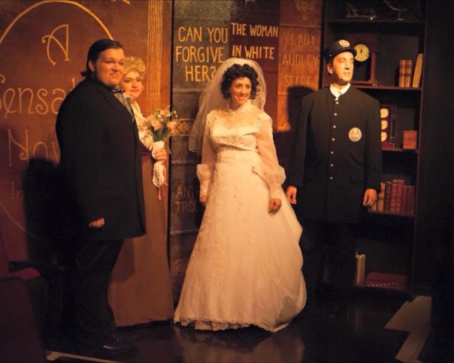 (L to R) Connor Moore as Herbert, Evangeline Ridgaway as Rockalda, Autumn Boyle as Alice, and Jim Knost as Tom Sittybank in A Sensation Novel at Spotlighters Theatre