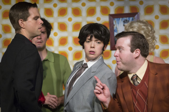 (L to R) Matt Baughman as Alan, Matt Lee as Lloyd, Jenna Rossman as Rachel Crabbe, and Thomas Scholtes as Francis Henshall in One Man, Two Guvnors at Maryland Ensemble Theatre