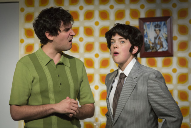 Matt Lee (left) as Lloyd and Jenna Rossman (right) as Rachel Crabbe in One Man, Two Guvnors at Maryland Ensemble Theatre