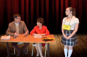 Greg Dohmeier (left) as Douglass Panch, Kristin Kraus (center) as Rona Lisa Peretti, and EMily Morgan (right) as Marcy Park