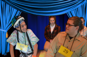 Kevin Franiak (left) as Leaf Coneybear, Emily Wesselhoff (center) as Logainne Schwarzandgrubenier, and Seth David (right) as Chip Tolentino