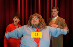 Kristin Kraus (left) as Rona Lisa Peretti, Jason Crawford Samios-Uy (center) as William Barfee, and Greg Dohmeier (right) as Douglass Panch