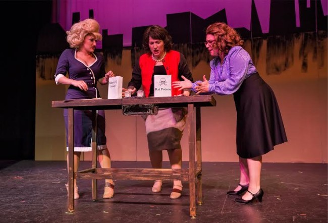 Violet (Robyn Bloom, c) tells Doralee (Lucy Bobbin, r) and Judy (Caitlin Grant, r) that she has poisoned Mr. Hart