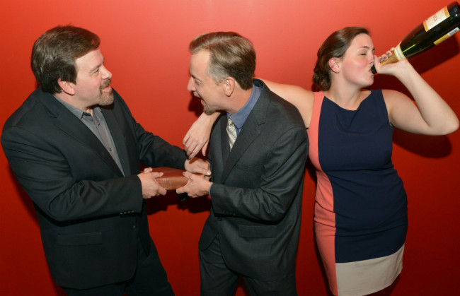 Thom Eric Sinn (left) as Jerry, Gareth Kelly (center) as Robert, and Ryan Gunning (right) as Emma in Betrayal at Fells Point Corner Theatre