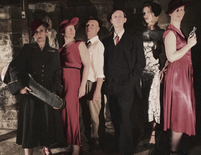 (L to R) Happenstance Theater Company's Cabaret Noir featuring Karen Hansen, Sabrina Mandell, Mark Jaster, Alex Vernon, Sarah Olmsted Thomas, and Gwen Grastorf