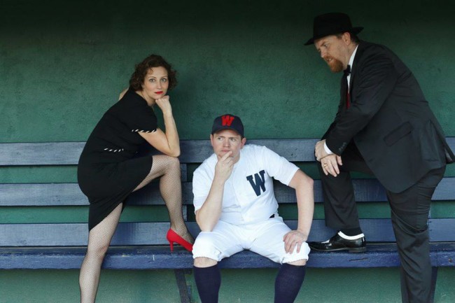 Katie Sheldon (left) as Lola, Jim Gerhardt (center) as Joe Hardy, and Ryan Geiger (right) as Mr. Applegate in Damn Yankees at Heritage Players