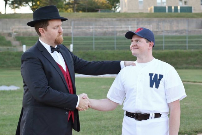 Ryan Geiger (left) as Mr. Applegate shaking hands on a sinful deal with Jim Gerhardt (left) as Joe Hardy