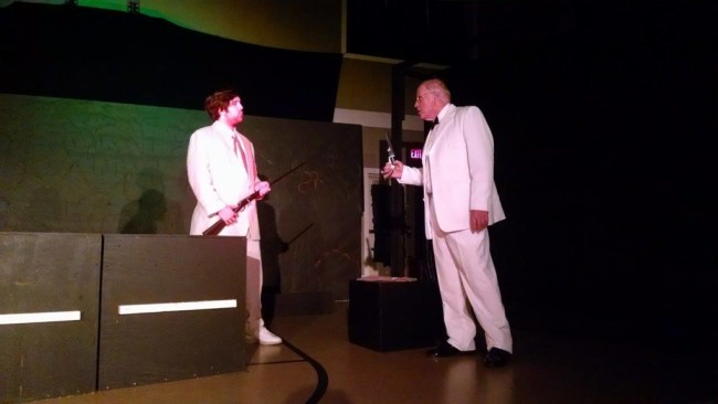 Ethan Croll (left) as Edward Prendick and Rick Thompson (right) as Doctor Moreau in The Island of Doctor Moreau at Twin Beach Players