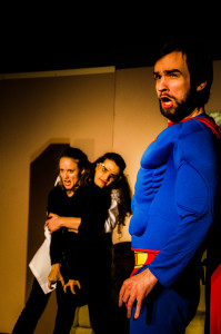 Martha Robichaud (left) as Shadow, Erica Burns (center) as Devon and Fred Fletcher-Jackson (right) as Supraman in A Little Bit Not Normal