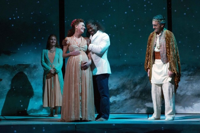 (L to R) Emily Serdahl as Lychorida, Brooke Parks as Thaisa, Wayne T. Carr as Pericles, and Scott Ripley as Simonides in Pericles at Folger Theatre