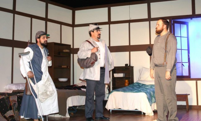 Rafael Regales (left) as Paddy Brannigan, Richard Pardoe (center) as Yancy Templeton, and Jonathan Scheffenacker (right) as George Abernathy in Rebel Yells