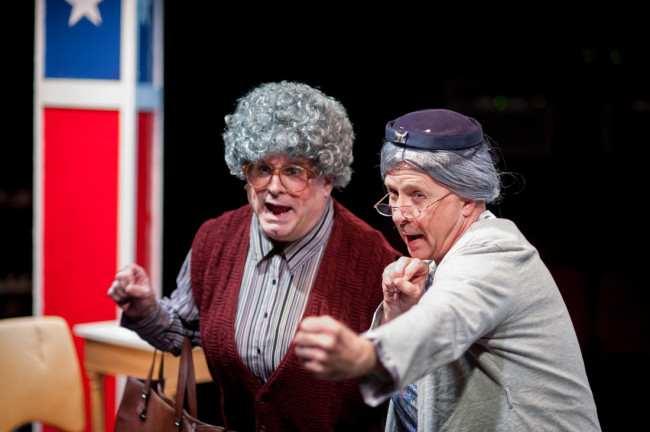 Glen Charlow (left) as Dixie DeBerry and Jim Hart (right) as Aunt Pearl Burras in A Tuna Christmas at Spotlighters Theatre