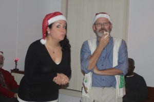 Lauren Giglio (left) and William Dean Leary (right) in rehearsal for A Christmas Carol at Wolf Pack Theatre Company