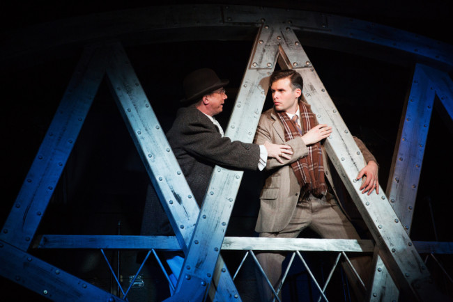 David James (left) as Clarence and Matthew Schleigh (right) as George Bailey in It's a Wonderful Life: The Musical