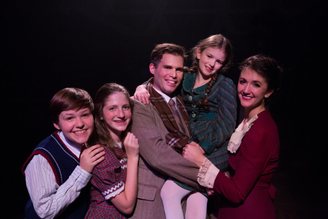 (L to R) The Bailey Family: Jace Franco as Pete, Caroline Otchet as Janey, Matthew Schleigh as George, Lilianna Robinson as Zuzu, and Katie Keyser as Mary in It's a Wonderful Life: The Musical