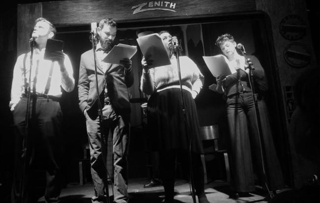 (L to R) Rex Anderson as Rex2, Derek Vaughn Brown as Rex, Vii Lee as Dot, and Lauren Aycock Anderson as Dot2 reading Duplicity: A Rex Pylon and Dot Planet Tripper Adventure