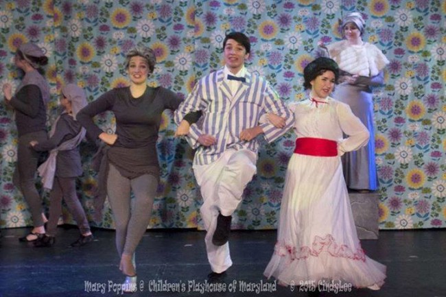 Rachel Miller (left) as Neleus, with Charlie Holt (center) as Bert, and Ilyssa Rubin (right) as Mary Poppins dancing through "Jolly Holiday" in Mary Poppins at Children's Playhouse of Maryland