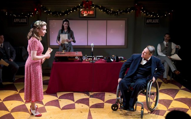 Sally Boyett (foreground left) and Rob McQuay (foreground right) in It's a Wonderful Life: A Live Radio Play