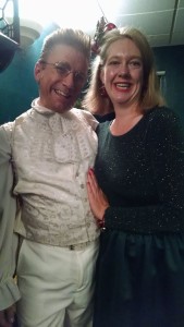 David James (left) as Clarence and Amanda Gunther (right) TheatreBloom reporter at the press opening of It's a Wonderful Life at Toby's Dinner Theatre