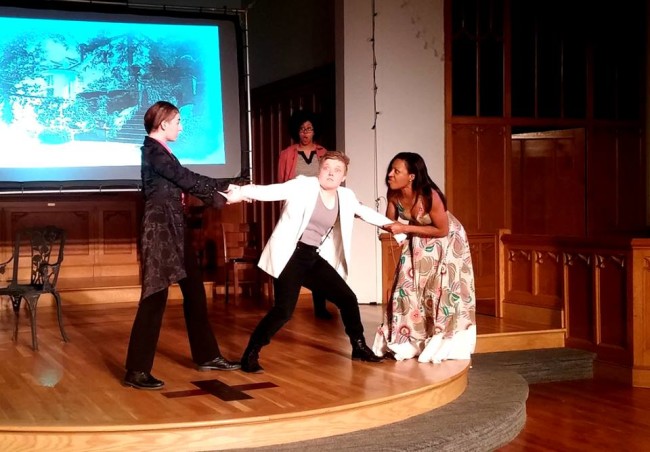 (L to R) Jane Jongeward as Duke Orsino, Logan Davidson as Cesario, and Lilian Oben as Olivia with Dana Woodson (background) as Antonio in Twelfth Night