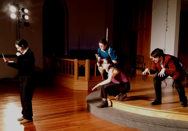 (L to R) Melanie Glickman as Malvolio, Alice Stanley as Feste, Caitlin Carbone as Sir Andrew Aguecheek, and Matthew Payne as Sir Toby Belch in Twelfth Night