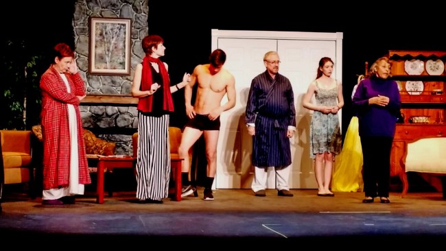 (L to R) Debbie Samek as Sonia, Jo Sullivan as Masha, Josh Huff-Edsall as Spike, Scott Beadle as Vanya, Nicole Musho as Nina, and Sandra True as Cassandra in Vanya and Sonia and Masha and Spike at Prince George's Little Theatre