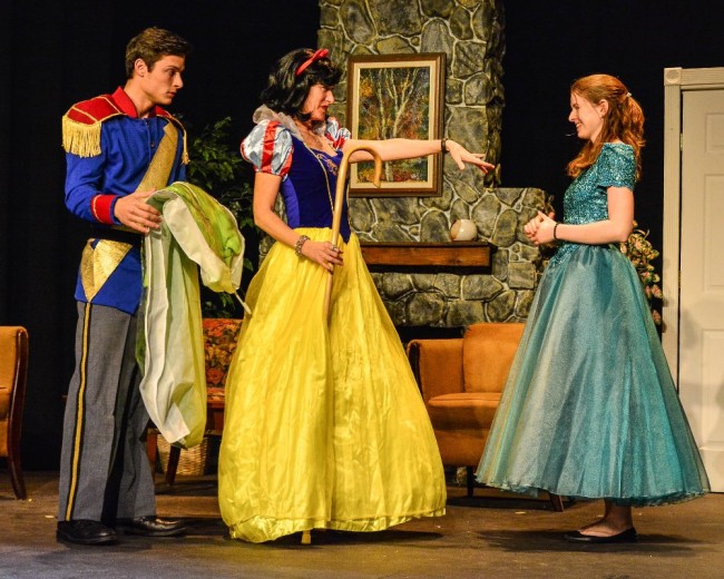 Josh Huff-Edsall (left) as Spike, Jo Sullivan (center) as Masha and Nicole Musho (right) as Nina in Vanya and Sonia and Masha and Spike at Prince George's Little Theatre