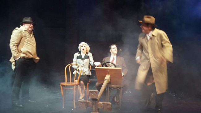 (L to R) Thomas C. Hessenauer, Tatiana Dalton, Charles Lidard, and Patrick Martyn in The 39 Steps at Dundalk Community Theatre