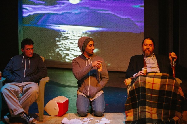 Noah Sommer (left) as Dev, Jeff Keilholtz (center) as Con, and Tom Majarov (right) as Sorn in Stupid Fucking Bird at Maryland Ensemble Theatre