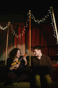 Caitlyn Joy (left) as Mash and Noah Sommer (right) as Dev in Stupid Fucking Bird at Maryland Ensemble Theatre