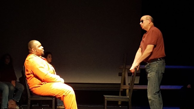 Shaquille Stewart (left) as Aaron McKinney and Bob Harbaum (right) as Rob Debree in The Laramie Project at Kensington Arts Theatre