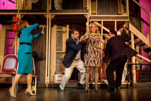 (L to R) Julie Press as Belinda, Ryan Reichard as Gary, Allie Dreskin as Brooke, and Jeff Dunne as Frederick in Noises Off