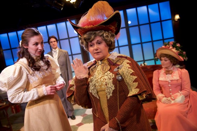 (L to R) Teresa Spencer as Cecily, Brian Keith MacDonald as Mr. Worthing, Laura Giannarelli as Lady Bracknell, and Renata Plecha as Gwendolen in The Importance of Being Earnest