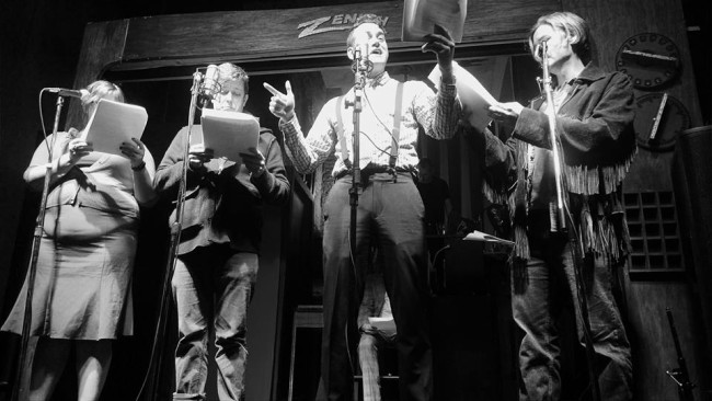 (L to R) Kate Smith-Morse as Allison Slunt, Chaz Kedesla as Alonzo, Rex Anderson as Nixon Rich, and Mike Jancz as Professor Hermann Smart in What are the Odds? by Matt Fendahleen at Horatio Dark's Between the Lines