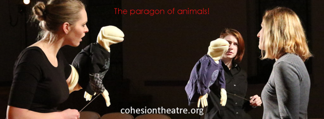 Casey Dutt (left) as Rosencrantz, Jane Jongeward (center) as Guildenstern and Caitlin Carbone (right) as Hamlet in Hamlet at Cohesion Theatre Company