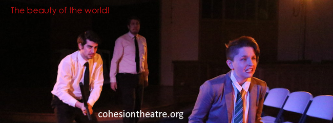 Matthew Payne (left) Jeff Miller (center) and Melanie Glickman (right) as Laertes in Hamlet at Cohesion Theatre Company