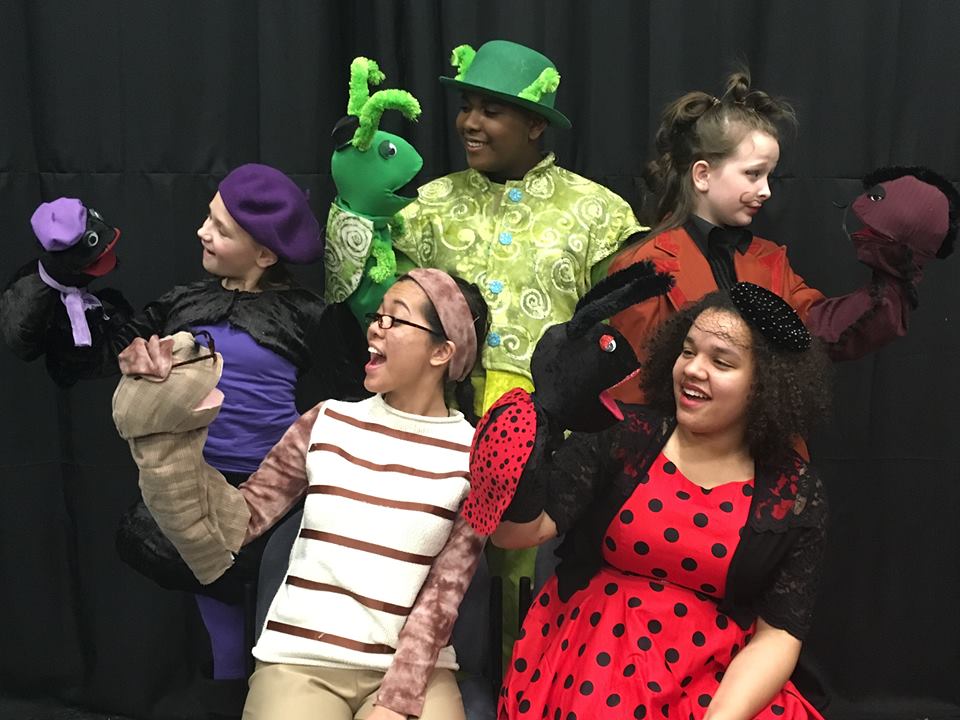 The Insects- (from top left, clockwise) Gwen Lowell as Spider, Jared Alston Davis as Grasshopper, Jacqueline Hicks as Centipede, Anderson Gray as Ladybug, and Jocelyn Castillo as Earthworm