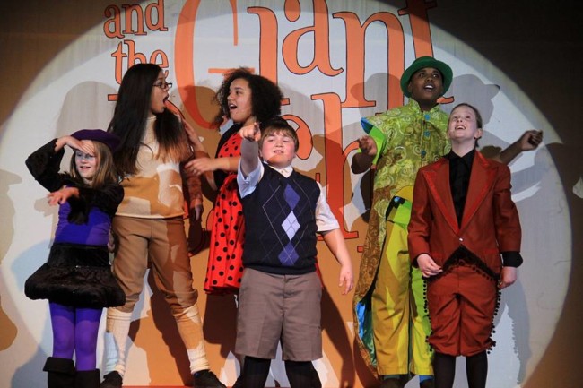 (L to R) Gwen Lowell as Spider, Jocelyn Castillo as Earthworm, Anderson Gray as Ladybug, Zachary Byrd as James, Jared Alston Davis as Grasshopper, and Jacqueline Hicks as Centipede in James and the Giant Peach