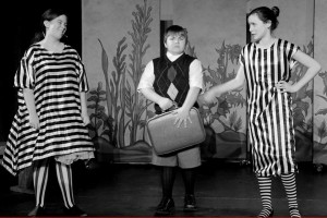 Emily Ricci (left) as Auntie Sponge, Zachary Byrd (center) as James, and Kathryn Schudel (right) as Auntie Spiker rehearsing for James and the Giant Peach