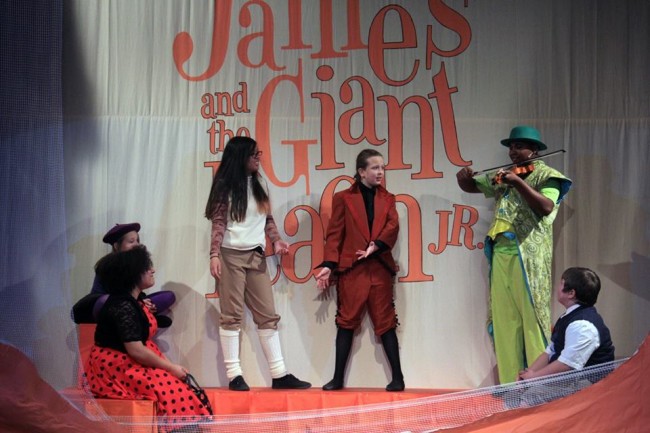 (L to R) Anderson Grey as Ladybug, Gwen Lowell as Spider, Jocelyn Castillo as Earthworm, Jacqueline Hicks as Centipede, Jared Alston Davis as Grasshopper, and Zachary Byrd as James in James and the Giant Peach