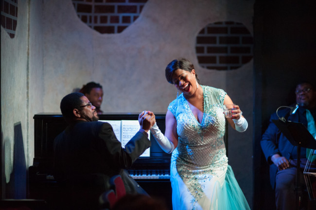 LeVar Betts (left) as Jimmy Powers and Anya Randall Nebel (right) as Billie Holiday in Lady Day at Emerson's Bar & Grill