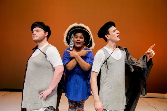 Christian Fisher (left) as Menaechmus, Anjali Cornish (center) as Messenio, and Giustino Puliti (right) as Menaechmus in The Menaechmi Twins