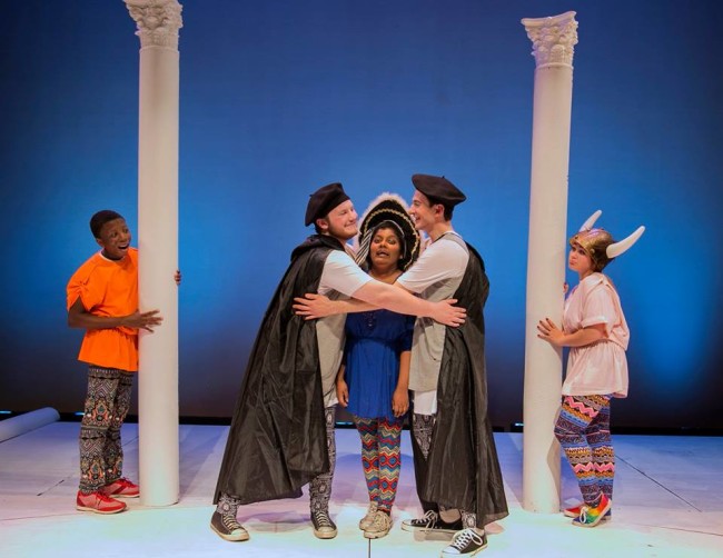 (L to R) Jalon Payton, Christian Fisher as Menaechmus, Anjali Cornish as Messenio, Giustino Puliti as Menaechmus, and CeCe Heck in The Menaechmi Twins