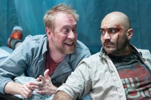 James Konicek (left) as Michal and Maboud Ebrahimzadeh (right) as Katurian in The Pillowman at Forum Theatre